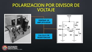 POLARIZACION POR DIVISOR DE
VOLTAJE
DISEÑAR UN
AMPLIFICADOR
CALCULO DE
RESISTENCIAS
 