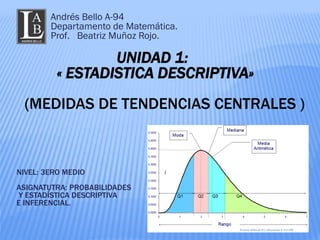 UNIDAD 1:
« ESTADISTICA DESCRIPTIVA»
(MEDIDAS DE TENDENCIAS CENTRALES )
NIVEL: 3ERO MEDIO
ASIGNATUTRA: PROBABILIDADES
Y ESTADÍSTICA DESCRIPTIVA
E INFERENCIAL.
Andrés Bello A-94
Departamento de Matemática.
Prof. Beatriz Muñoz Rojo.
 