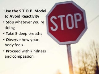 Use the S.T.O.P. Model
to Avoid Reactivity
• Stop whatever you're
doing
• Take 3 deep breaths
• Observe how your
body feels
• Proceed with kindness
and compassion
 