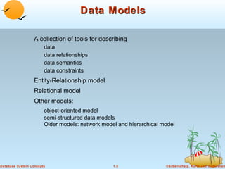 Data Models
A collection of tools for describing
data
data relationships
data semantics
data constraints

Entity-Relationship model
Relational model
Other models:
object-oriented model
semi-structured data models
Older models: network model and hierarchical model

Database System Concepts

1.8

©Silberschatz, Korth and Sudarshan

 