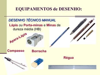 EQUIPAMENTOS de DESENHO:
DESENHO TÉCNICO MANUAL
Lápis ou Porta-minas e Minas de
dureza média (HB)
Compasso Borracha
Régua
 