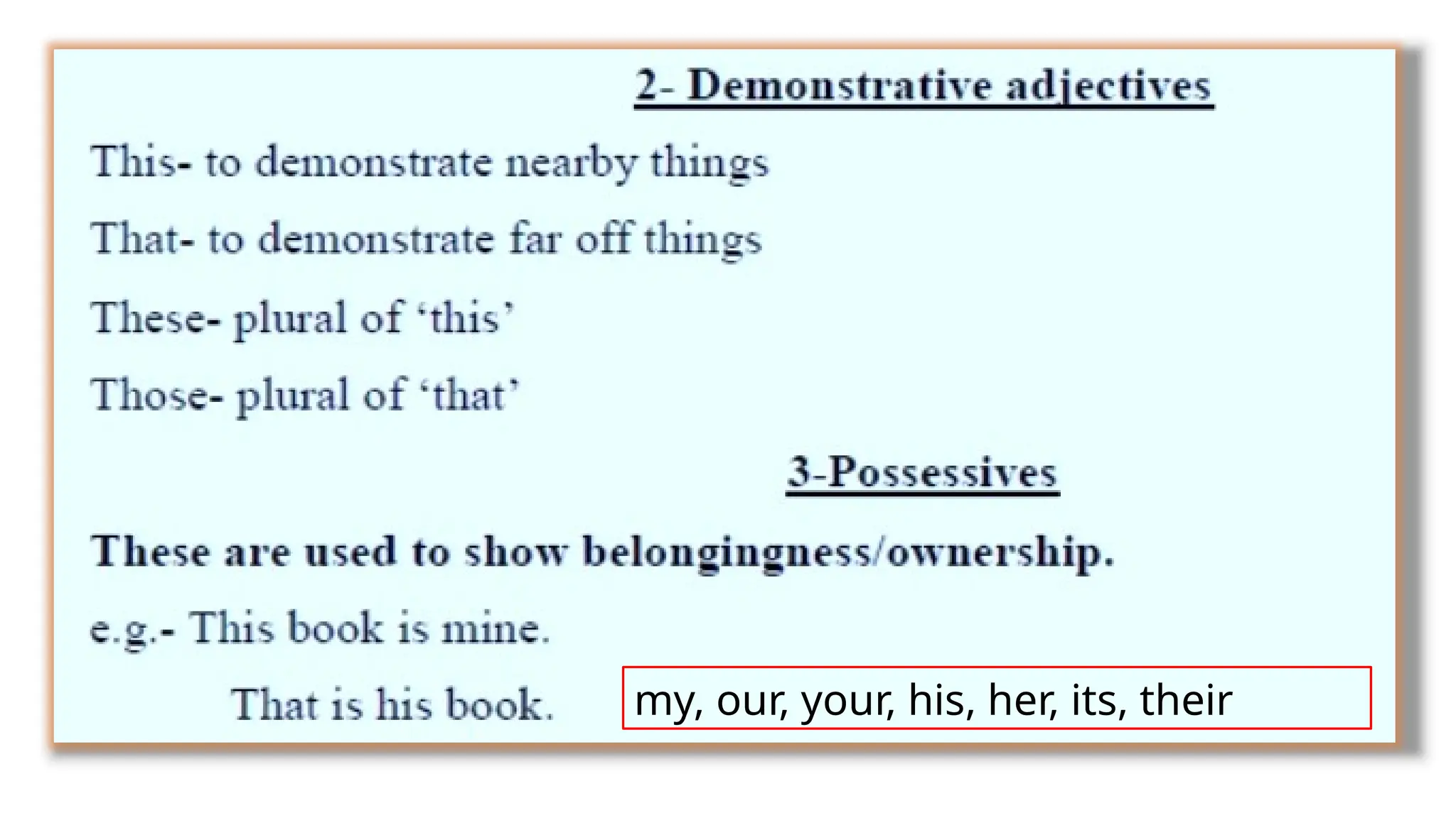 my, our, your, his, her, its, their
 