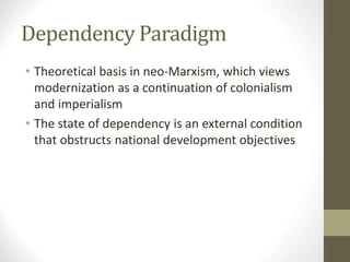 Dependency Paradigm
• Theoretical basis in neo-Marxism, which views
modernization as a continuation of colonialism
and imperialism
• The state of dependency is an external condition
that obstructs national development objectives
 