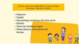 • Kejujuran
• Disiplin
• Mau berbagi, menolong, dan kerja sama
• Mandiri
• Dasar dan lambang negara
• Sikap toleransi, cinta damai, dan
bersatu
 