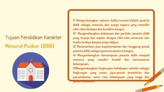 1) Mengembangkan potensi kalbu/nurani/afektif peserta
didik sebagai manusia dan warga negara yang memiliki
nilai-nilai nbudaya dan karakter bangsa;
2) Mengembangkan kebiasaan dan perilaku peserta didik
yang terpuji dan sejalan dengan nilai-nilai universal, dan
tradisi budaya bangsa yang religius;
3) Menanamkan jiwa kepemimpinan dan tanggung jawab
peserta didik sebagai generasi penerus bangsa;
4) Mengembangkan kemampuan peserta didik menjadi
manusia yang mandiri, kreatif dan berwawasan
kebangsaan;
5)Mengembangkan lingkungan kehidupan sekolah sebagai
lingkungan yang aman, jujur,penuh kreativitas dan
persahabatan, serta rasa kebangsaan yang tinggi dan
penuh kekuatan.
Menurut Puskur (2010)
Tujuan Pendidikan Karakter
 