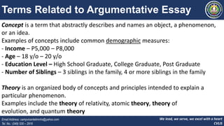 We lead, we serve, we excel with a heart
CVLIS
Email Address: campvicentelimnhs@yahoo.com
Tel. No.: (049) 530 – 2916
Terms Related to Argumentative Essay
Concept is a term that abstractly describes and names an object, a phenomenon,
or an idea.
Examples of concepts include common demographic measures:
- Income – P5,000 – P8,000
- Age – 18 y/o – 20 y/o
- Education Level – High School Graduate, College Graduate, Post Graduate
- Number of Siblings – 3 siblings in the family, 4 or more siblings in the family
Theory is an organized body of concepts and principles intended to explain a
particular phenomenon.
Examples include the theory of relativity, atomic theory, theory of
evolution, and quantum theory
 