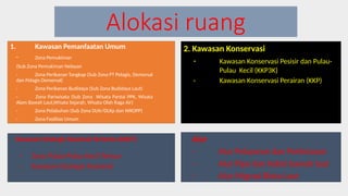 Alokasi ruang
1. Kawasan Pemanfaatan Umum
- Zona Pemukiman
(Sub Zona Pemukiman Nelayan
- Zona Perikanan Tangkap (Sub Zona PT Pelagis, Demersal
dan Pelagis Demersal)
- Zona Perikanan Budidaya (Sub Zona Budidaya Laut)
- Zona Pariwisata (Sub Zona Wisata Pantai PPK, Wisata
Alam Bawah Laut,Wisata Sejarah, Wisata Olah Raga Air)
- Zona Pelabuhan (Sub Zona DLKr/DLKp dan WKOPP)
- Zona Fasilitas Umum
2. Kawasan Konservasi
- Kawasan Konservasi Pesisir dan Pulau-
Pulau Kecil (KKP3K)
- Kawasan Konservasi Perairan (KKP)
3. Kawasan Strategis Nasional Tertentu (KSNT)
- Zona Pulau-Pulau Kecil Terluar
- Kawasan Strategis Nasional
4. Alur
- Alur Pelayaran dan Perlintasan
- Alur Pipa dan Kabel bawah laut
- Alur Migrasi Biota Laut
 