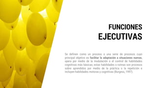 Se definen como un proceso o una serie de procesos cuyo
principal objetivo es facilitar la adaptación a situaciones nuevas,
opera por medio de la modulación o el control de habilidades
cognitivas más básicas; estas habilidades o rutinas son procesos
sobre aprendidos por medio de la práctica o la repetición e
incluyen habilidades motoras y cognitivas (Burgess, 1997).
FUNCIONES
EJECUTIVAS
 