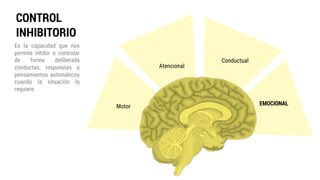 CONTROL
INHIBITORIO
Es la capacidad que nos
permite inhibir o controlar
de forma deliberada
conductas, respuestas o
pensamientos automáticos
cuando la situación lo
requiere.
Motor
Atencional
Conductual
EMOCIONAL
 
