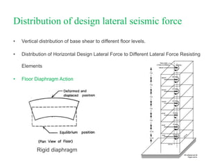• Vertical distribution of base shear to different floor levels.
• Distribution of Horizontal Design Lateral Force to Different Lateral Force Resisting
Elements
• Floor Diaphragm Action
Distribution of design lateral seismic force
Rigid diaphragm
 