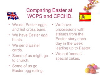 Comparing Easter at  WCPS and CPCHD. We eat Easter eggs and hot cross buns. We have Easter egg hunts. We send Easter cards. Some of us might go to church. Some of us go Easter egg rolling. We have processions with statues from the Easter story each day in the week leading up to Easter. We eat ‘monas’ - special cakes. 