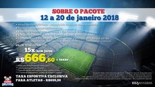 • Aéreo São Paulo/Orlando - Orlando/São Paulo em classe econômica
• Translado aeroporto/hotel/aeroporto
• 8 noites de hospedagem no Disney´s Pop Century Resort
• Transporte Terrestre dentro do Complexo Disney World (ilimitado)
• Ingressos para 2 dias Magic Your Way - direito a visitação de 1 parque por dia
* Possibilidade de up grade para mais dias de ingressos ou ingresso que possibilite visitar mais de 1 parque no mesmo dia
VALOR TOTAL DO PACOTE:
* Válido para fechamentos até 30/07/2017.
** Valores para quartos quádruplos.
***Consulte opções para quartos triplos, duplos e single.
**** Forma de pagamentos - Cartões de Crédito e Cheques. Passaporte válido e Visto Americano vigente são obrigatórios e deverão ser providenciados
pelos passageiros com o máximo de antecedência caso ainda não disponham dos mesmos.
A não obtenção de qualquer documento que impossibilite a viagem por conta das autoridades brasileiras ou
americanas não darão direito ao cancelamento da aquisição do pacote nem de qualquer iten complementar adquirido.
 