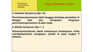 Angka Elastisitas Harga
4. Inelastis Sempurna (Ep = 0)
Permintaan/penawaran tidak tanggap terhadap perubahan P.
Dengan kata lain, berapapun harganya,
permintaan/penawaran Q akan tetap.
5. Elastis Sempurna (Ep = ∞)
Konsumen/produsen dapat mempunyai kemampuan untuk
membeli/produksi berapapun jumlah Q pada tingkat P
tertentu.
Pembelajaran
Tentang Konsep
Elastisitas
 