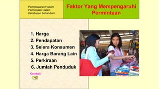 Faktor Yang Mempengaruhi
Permintaan
1. Harga
2. Pendapatan
3. Selera Konsumen
4. Harga Barang Lain
5. Perkiraan
6. Jumlah Penduduk
Kembali
Pembelajaran Hukum
Permintaan Dalam
Kehidupan Sehari-hari
 