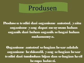 Produsen terdiri dari organisme autotrof, yaitu
organisme yang dapat menyusun bahan
organik dari bahan organik sebagai bahan
makanannya.
Organisme autotrof sebagian besaradalah
organisme berklorofil, yang sebagian besar
terdiri dari tumbuhan hijau dan sebagian kecil
berupa bakteri.
Produsen
 