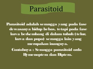 Parasitoid adalah serangga yang pada fase
dewasanya hidup bebas, tetapi pada fase
larva berkembang di dalam tubuh (telur,
larva dan pupa) serangga lain yang
merupakan inangnya.
Contohnya : Serangga parasitoid ordo
Hymenoptera dan Diptera.
Parasitoid
 