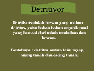 Detritivoradalah hewan yang makan
detritus, yaitu bahan-bahan organik mati
yang berasal dari tubuh tumbuhan dan
hewan.
Contohnya : detritus antara lain; rayap,
anjing tanah dan cacing tanah.
Detritivor
 