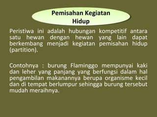 Peristiwa ini adalah hubungan kompetitif antara
satu hewan dengan hewan yang lain dapat
berkembang menjadi kegiatan pemisahan hidup
(partition).
Contohnya : burung Flaminggo mempunyai kaki
dan leher yang panjang yang berfungsi dalam hal
pengambilan makanannya berupa organisme kecil
dan di tempat berlumpur sehingga burung tersebut
mudah meraihnya.
Pemisahan Kegiatan
Hidup
Pemisahan Kegiatan
Hidup
 