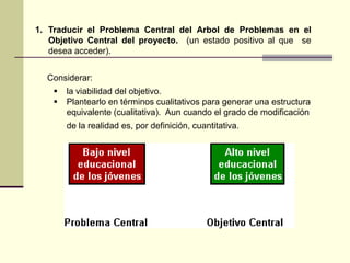 1. Traducir el Problema Central del Arbol de Problemas en el
Objetivo Central del proyecto. (un estado positivo al que se
desea acceder).
Considerar:
 la viabilidad del objetivo.
 Plantearlo en términos cualitativos para generar una estructura
equivalente (cualitativa). Aun cuando el grado de modificación
de la realidad es, por definición, cuantitativa.
 