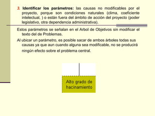 3. Identificar los parámetros: las causas no modificables por el
proyecto, porque son condiciones naturales (clima, coeficiente
intelectual, ) o están fuera del ámbito de acción del proyecto (poder
legislativo, otra dependencia administrativa).
Estos parámetros se señalan en el Arbol de Objetivos sin modificar el
texto del de Problemas.
Al ubicar un parámetro, es posible sacar de ambos árboles todas sus
causas ya que aun cuando alguna sea modificable, no se producirá
ningún efecto sobre el problema central.
 