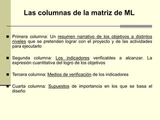 Las columnas de la matriz de ML
 Primera columna: Un resumen narrativo de los objetivos a distintos
niveles que se pretenden lograr con el proyecto y de las actividades
para ejecutarlo
 Segunda columna: Los indicadores verificables a alcanzar. La
expresión cuantitativa del logro de los objetivos
 Tercera columna: Medios de verificación de los indicadores
 Cuarta columna: Supuestos de importancia en los que se basa el
diseño
 