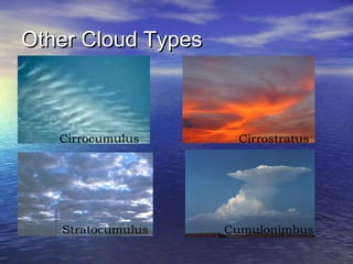 Other Cloud Types

Cirrocumulus

Stratocumulus

Cirrostratus

Cumulonimbus

 