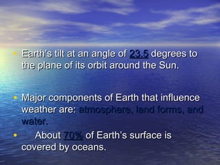 • Earth’s tilt at an angle of 23.5 degrees to
the plane of its orbit around the Sun.

• Major components of Earth that influence

weather are: atmosphere, land forms, and
water.
About 70% of Earth’s surface is
•
covered by oceans.

 