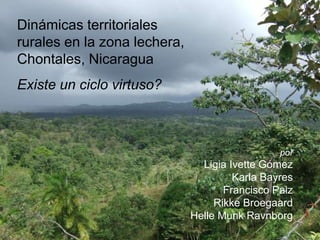 Dinámicas territoriales
rurales en la zona lechera,
Chontales, Nicaragua
Existe un ciclo virtuso?



                                                por
                                Ligia Ivette Gómez
                                       Karla Bayres
                                     Francisco Paiz
                                   Rikke Broegaard
                              Helle Munk Ravnborg
 