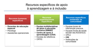 Recursos específicos de apoio
à aprendizagem e à inclusão
Recursos humanos
específicos
• Docentes de educação
especial
• Psicólogo
• Assistentes operacionais
Recursos
organizacionais
específicos
• Equipa multidisciplinar
de apoio à educação
inclusiva (EMAEI)
• Centro de apoio à
aprendizagem (CAA)
• Escolas de referência
• CRTIC
Recursos específicos
existentes na
comunidade
• Equipas locais de
intervenção precoce.
• Equipas locais de saúde
escolar dos ACES/ULS.
• CPCJ
• CRI
• Instituições da
comunidade
 