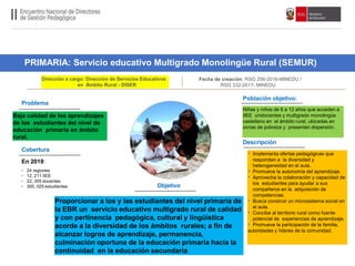 PRIMARIA: Servicio educativo Multigrado Monolingüe Rural (SEMUR)
Población objetivo:
Cobertura
Proporcionar a los y las estudiantes del nivel primaria de
la EBR un servicio educativo multigrado rural de calidad
y con pertinencia pedagógica, cultural y lingüística
acorde a la diversidad de los ámbitos rurales; a fin de
alcanzar logros de aprendizaje, permanencia,
culminación oportuna de la educación primaria hacia la
continuidad en la educación secundaria.
Dirección a cargo: Dirección de Servicios Educativos
en Ámbito Rural - DISER
Fecha de creación: RSG 256-2016-MINEDU /
RSG 332-2017- MINEDU
Objetivo
Descripción
• Implementa ofertas pedagógicas que
respondan a la diversidad y
heterogeneidad en el aula.
• Promueve la autonomía del aprendizaje.
• Aprovecha la colaboración y capacidad de
los estudiantes para ayudar a sus
compañeros en la adquisición de
competencias.
• Busca construir un microsistema social en
el aula.
• Concibe al territorio rural como fuente
potencial de experiencias de aprendizaje.
• Promueve la participación de la familia,
autoridades y líderes de la comunidad.
Problema
Baja calidad de los aprendizajes
de los estudiantes del nivel de
educación primaria en ámbito
rural.
Niñas y niños de 6 a 12 años que acceden a
IIEE unidocentes y multigrado monolingüe
castellano en el ámbito rural, ubicadas en
zonas de pobreza y presentan dispersión.
En 2019:
• 24 regiones
• 12, 211 IIEE
• 22, 305 docentes
• 300, 025 estudiantes
 