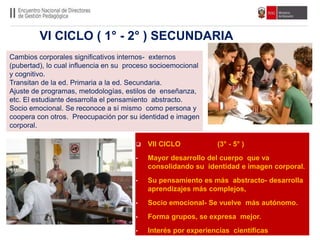 VI CICLO ( 1° - 2° ) SECUNDARIA
Cambios corporales significativos internos- externos
(pubertad), lo cual influencia en su proceso socioemocional
y cognitivo.
Transitan de la ed. Primaria a la ed. Secundaria.
Ajuste de programas, metodologías, estilos de enseñanza,
etc. El estudiante desarrolla el pensamiento abstracto.
Socio emocional. Se reconoce a sí mismo como persona y
coopera con otros. Preocupación por su identidad e imagen
corporal.
 VII CICLO (3° - 5° )
• Mayor desarrollo del cuerpo que va
consolidando su identidad e imagen corporal.
• Su pensamiento es más abstracto- desarrolla
aprendizajes más complejos,
• Socio emocional- Se vuelve más autónomo.
• Forma grupos, se expresa mejor.
• Interés por experiencias científicas
 
