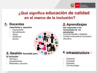Infraestructura
¿Qué significa educación de calidad
en el marco de la inclusión?
1. Docentes
capacitados y apoyados
- Capacitación
- Sensibilización
- Apoyo
- Asistencia
técnica
2. Aprendizajes
que respondan a las
necesidades de los
estudiantes
- Currículo flexible y adaptado
- Familia involucrada en el proceso
educativo.
4.
- Suficiente
- Accesible
- Equipada
- Con tecnología
3. Gestión favorable para
la inclusión
- Normas y
procedimientos
- Materiales y recursos
 