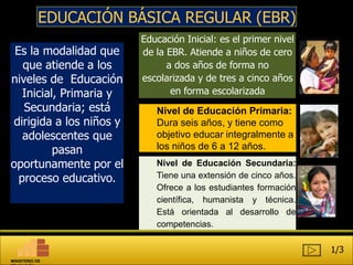 EDUCACIÓN BÁSICA REGULAR (EBR)
Es la modalidad que
que atiende a los
niveles de Educación
Inicial, Primaria y
Secundaria; está
dirigida a los niños y
adolescentes que
pasan
oportunamente por el
proceso educativo.
1/3
MINISTERIO DE
Nivel de Educación Primaria:
Dura seis años, y tiene como
objetivo educar integralmente a
los niños de 6 a 12 años.
Nivel de Educación Secundaria:
Tiene una extensión de cinco años.
Ofrece a los estudiantes formación
científica, humanista y técnica.
Está orientada al desarrollo de
competencias.
Educación Inicial: es el primer nivel
de la EBR. Atiende a niños de cero
a dos años de forma no
escolarizada y de tres a cinco años
en forma escolarizada
 