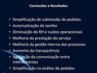 Conclusões e Resultados
• Simplificação de submissão de pedidos
• Automatização de tarefas
• Diminuição de RH e custos operacionais
• Melhoria da prestação do serviço
• Melhoria da gestão interna dos processos
• Aumento da transparência
• Agilização da comunicação entre
intervenientes
• Simplificação na análise de pedidos
 