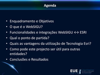Agenda
• Enquadramento e Objetivos
• O que é o WebSIGU?
• Funcionalidades e integrações WebSIGU ↔ ESRI
• Qual o ponto de partida?
• Quais as vantagens da utilização de Tecnologia Esri?
• Como pode este projecto ser útil para outras
entidades?
• Conclusões e Resultados
 