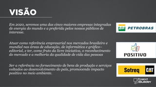 Em 2020, seremos uma das cinco maiores empresas integradas
de energia do mundo e a preferida pelos nossos públicos de
interesse.
Atuar como referência empresarial nos mercados brasileiro e
mundial nas áreas de educação, de informática e gráfico–
editorial, e ter, como fruto da livre iniciativa, o reconhecimento
do mercado e a melhoria da qualidade de vida das pessoas
Ser a referência no fornecimento de bens de produção e serviços
voltados ao desenvolvimento do país, promovendo impacto
positivo no meio ambiente.
VISÃO
GRUPO POSITIVO
 