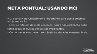 META PONTUAL: USANDO MCI
MCI é uma Meta Crucialmente Importante para que a empresa
atinja sua visão.
• MCIs se diferem de metas comuns, pois a não realização delas
torna todas as outras conquistas irrelevantes;
• Como metas elas devem ser objetivas, datadas e mensuráveis.
 