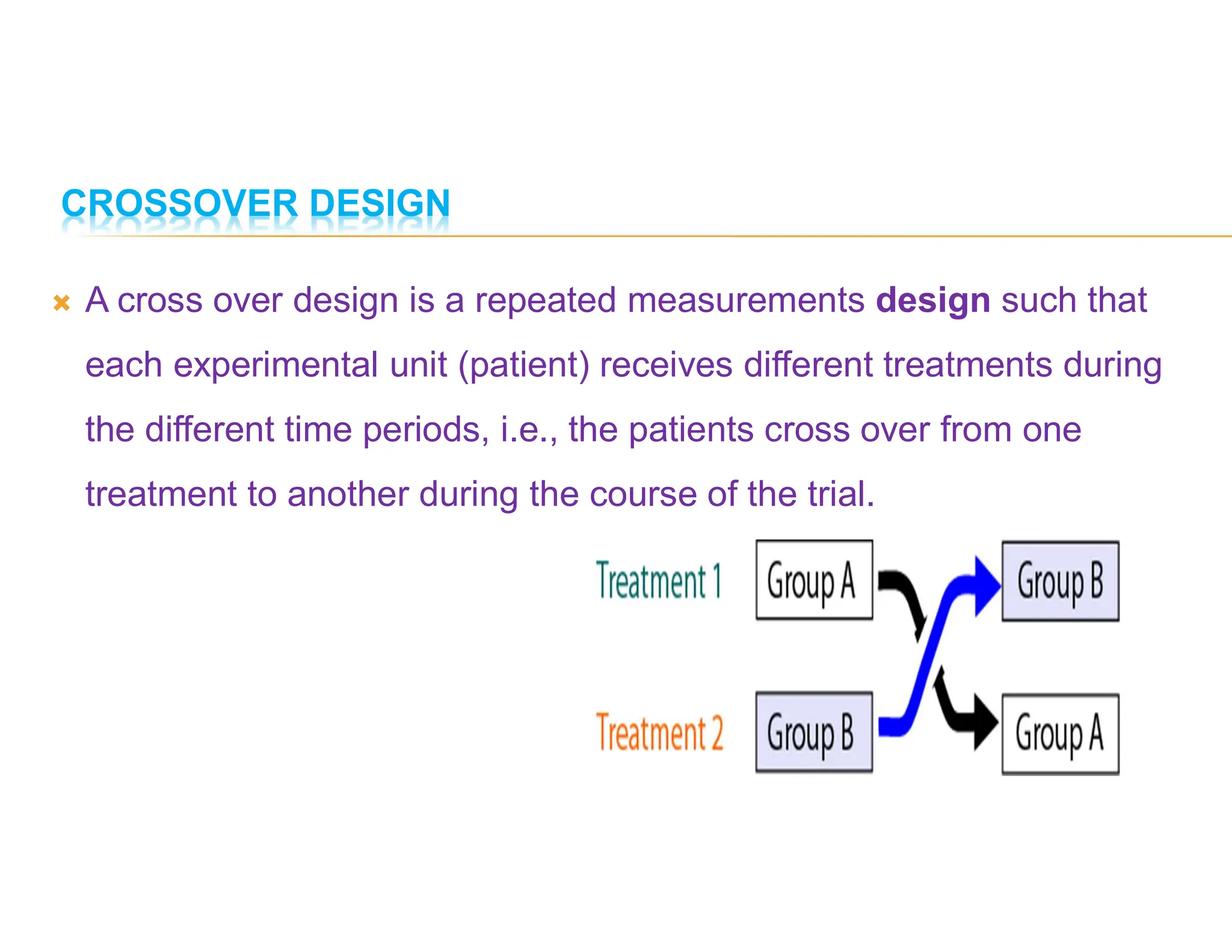 CROSSOVER DESIGN
 A cross over design is a repeated measurements design such that
each experimental unit (patient) receives different treatments during
the different time periods, i.e., the patients cross over from one
treatment to another during the course of the trial.
 