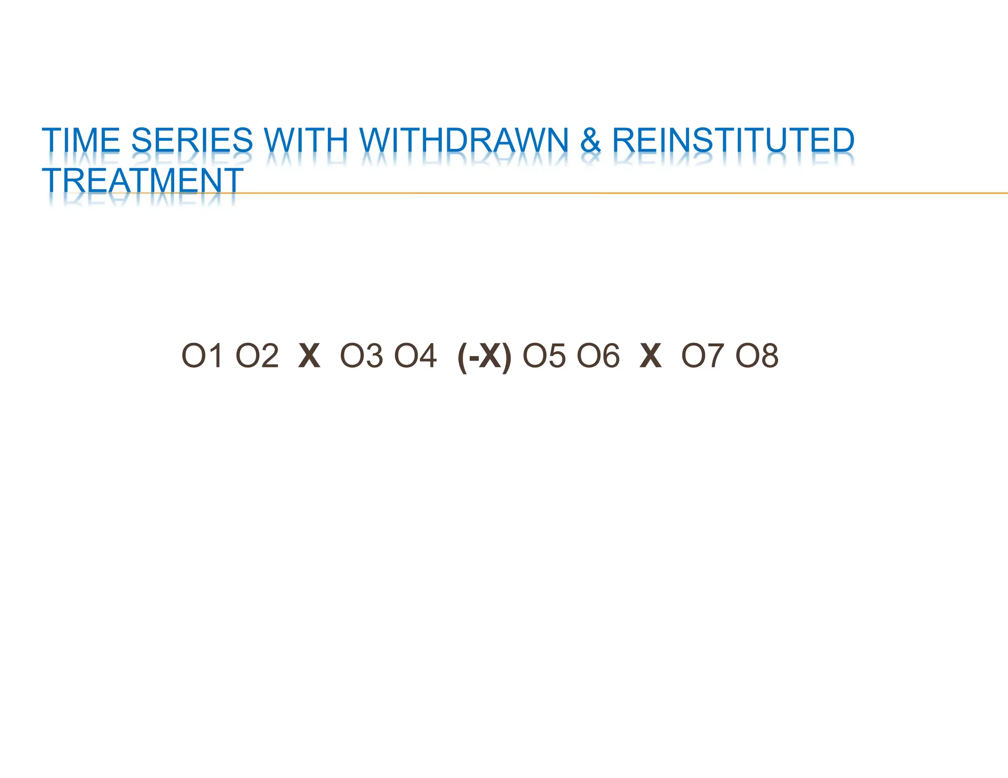 TIME SERIES WITH WITHDRAWN & REINSTITUTED
TREATMENT
O1 O2 X O3 O4 (-X) O5 O6 X O7 O8
 