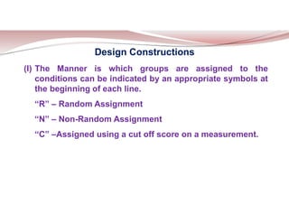 Design Constructions
(I) The Manner is which groups are assigned to the
conditions can be indicated by an appropriate symbols at
the beginning of each line.
“R” – Random Assignment
“N” – Non-Random Assignment
“C” –Assigned using a cut off score on a measurement.
 