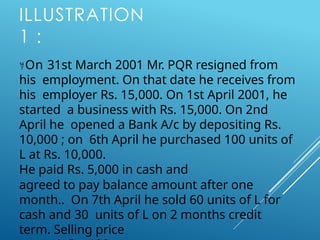 ILLUSTRATION
1 :
On 31st March 2001 Mr. PQR resigned from
his employment. On that date he receives from
his employer Rs. 15,000. On 1st April 2001, he
started a business with Rs. 15,000. On 2nd
April he opened a Bank A/c by depositing Rs.
10,000 ; on 6th April he purchased 100 units of
L at Rs. 10,000.
He paid Rs. 5,000 in cash and
agreed to pay balance amount after one
month.. On 7th April he sold 60 units of L for
cash and 30 units of L on 2 months credit
term. Selling price
 