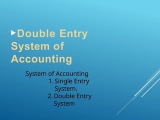 Double Entry
System of
Accounting
System of Accounting
1. Single Entry
System.
2. Double Entry
System
 