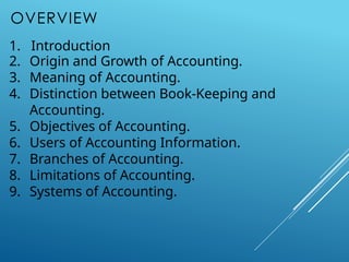 OVERVIEW
1. Introduction
2. Origin and Growth of Accounting.
3. Meaning of Accounting.
4. Distinction between Book-Keeping and
Accounting.
5. Objectives of Accounting.
6. Users of Accounting Information.
7. Branches of Accounting.
8. Limitations of Accounting.
9. Systems of Accounting.
 