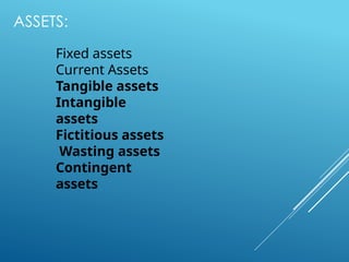 ASSETS:
Fixed assets
Current Assets
Tangible assets
Intangible
assets
Fictitious assets
Wasting assets
Contingent
assets
 