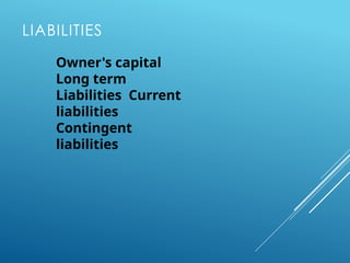 LIABILITIES
Owner's capital
Long term
Liabilities Current
liabilities
Contingent
liabilities
 