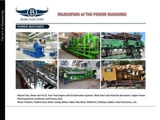 TheartofEngineering
Natural Gas, Diesel and H.F.O. Fuel Fired Engine and Co-Generation Systems. Black Start and Stand By Generators. Engine Power
Plant Equipment, Auxiliaries and Process Lines.
Steam Turbines, Turbine Parts, Rotor, Casing, Blades, Pipes, Pipe Racks, Platforms, CatWays, Ladders, Steel Structures,…etc.
 