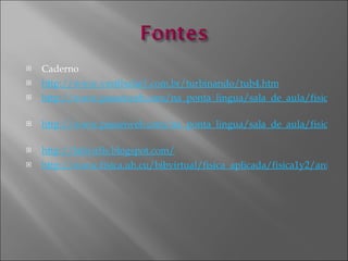 Caderno http://www.vestibular1.com.br/turbinando/tub4.htm http://www.passeiweb.com/na_ponta_lingua/sala_de_aula/fisica/mecanica/cinematica/mecanica4_deslocamento   http://www.passeiweb.com/na_ponta_lingua/sala_de_aula/fisica/mecanica/cinematica/mecanica5_dist_percorrida_veloc_media   http://labvirfis.blogspot.com/ http://www.fisica.uh.cu/bibvirtual/fisica_aplicada/fisica1y2/animaciones.htm    