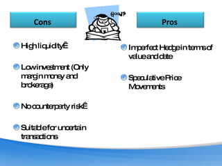 High liquidity  Low investment (Only margin money and brokerage) No counterparty risk  Suitable for uncertain transactions Imperfect Hedge in terms of value and date Speculative Price Movements Cons   Pros   