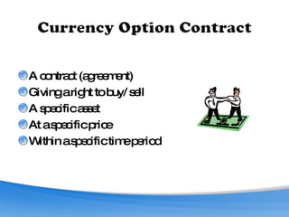 A contract (agreement) Giving a right to buy/ sell A specific asset At a specific price Within a specific time period 