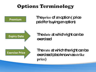 Premium  The  price  of an option ( price paid for buying an option) Expiry Date  The  date  at which right can be exercised Exercise Price  The  rate  at which the right can be exercised (also known as  strike price )  